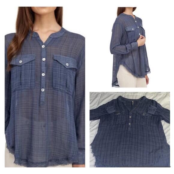 Free People Tops - Free People $95 Gauze Blue Plaid Button-Up Womans Medium Shirt with Frayed Hem